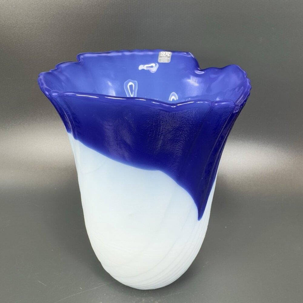 Mats Jonasson Sweden Art Glass Vase Blue Milk Glass‎ Swirl Vintage Glassware VTG